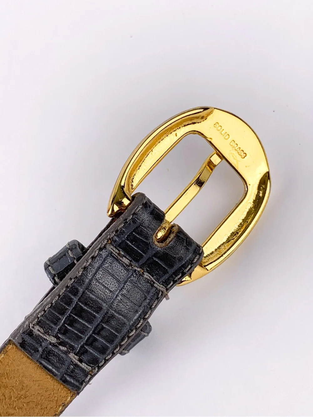 Vintage Greg Adams gray lizard embossed leather belt solid brass buckle size M/L